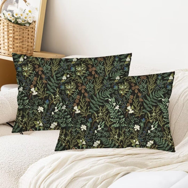 AELMARNEE Green Plant Throw Pillow Cover Queen Size Set of 2 Black Green Botanical Leaf Pillowcases Vintage Floral Lumbar Pillow Case Standard Pillow Cases with Zipper Decorative Cushion Covers for Bed,20"x30" - Image 2