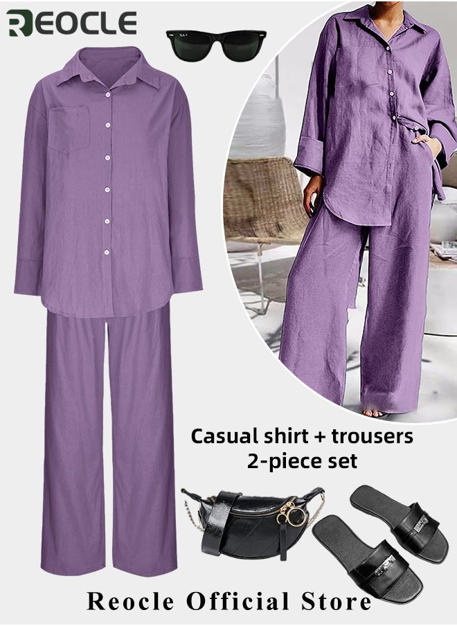Women 2 Pcs Outfits Cropped Sleeve Shirt Loose Pants Two-Piece Suit Lounge Sets Trendy Travel Vacation Outfits Tracksuit Clothes