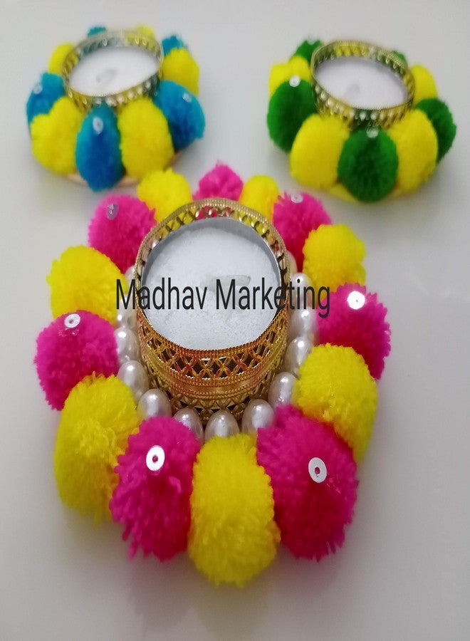 MADHAV مجموعة MEHRANSH® الفريدة من نوعها، مصنوعة يدوياً خصيصاً من الزهور الاصطناعية وكرات البوم بوم، حامل شموع/ديا/حامل شموع/سجادة رانجولي/ديكور احتفالي - مجموعة من 3 قطع (متعددة الألوان) - Image 2
