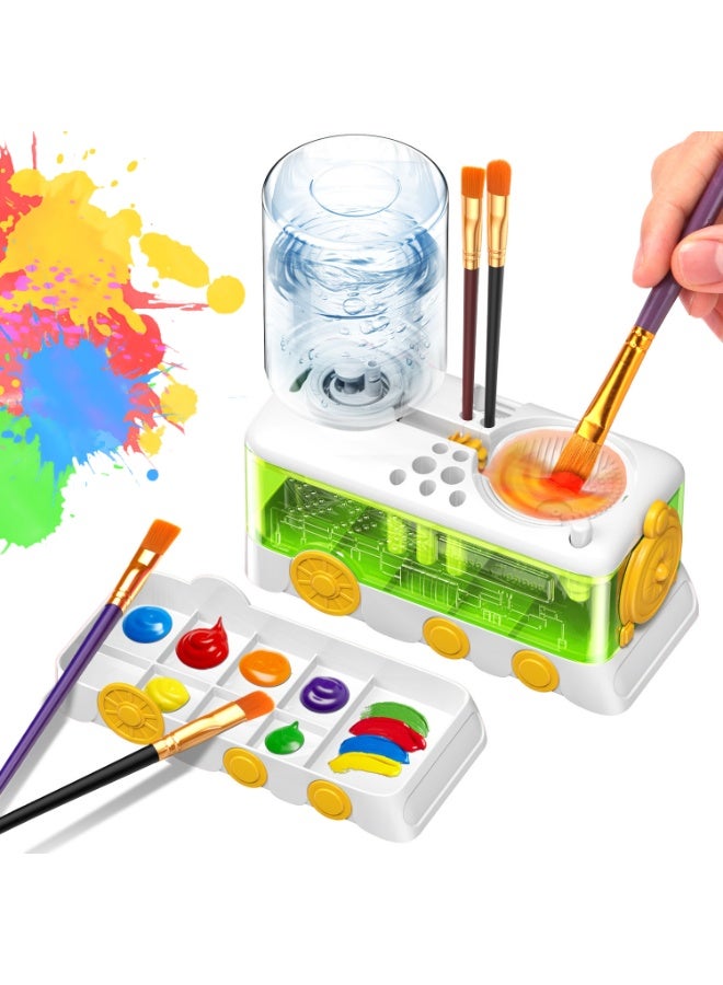 Kids Paint Brush Cleaner Machine | Train-Shaped Automatic Brush Washer with Water Circulation & Color Palette | Art Tool for Children, Artists & Classroom—White