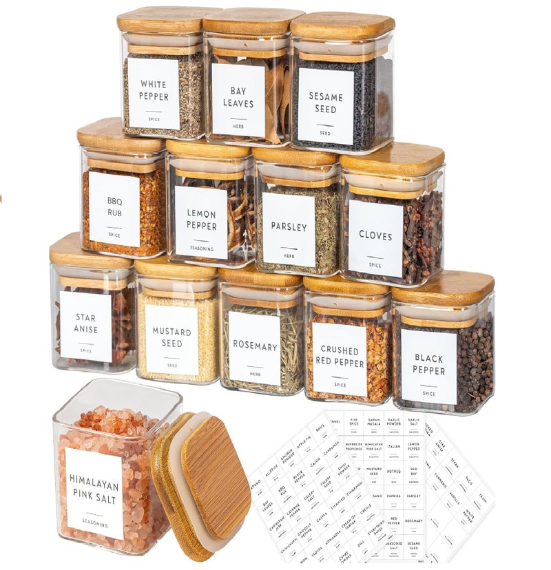 TIENER Spice Jars with Airtight Bamboo Lid | 220ml Glass Spice Bottles, Seasoning Containers for Salt, Sugar, Coffee Beans | Set of 12 Round Jars with Wooden Lids | with spice masala lables - Image 1