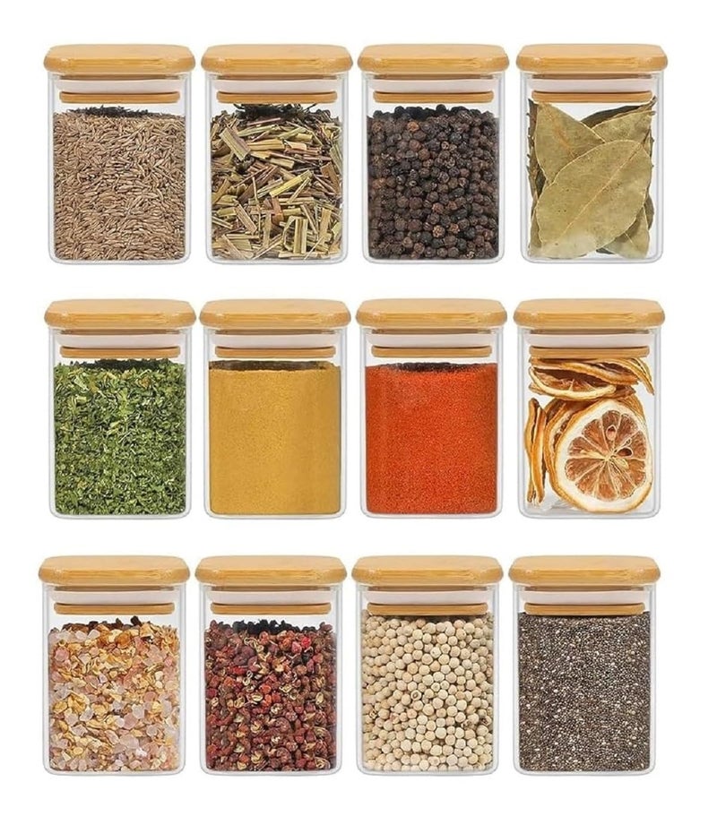 TIENER Spice Jars with Airtight Bamboo Lid | 220ml Glass Spice Bottles, Seasoning Containers for Salt, Sugar, Coffee Beans | Set of 12 Round Jars with Wooden Lids | with spice masala lables - Image 3