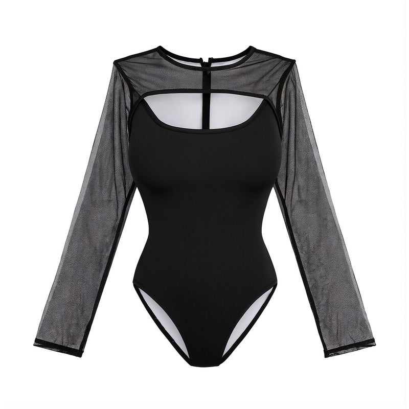 Mesh Patchwork Long Sleeve Bodysuit for Women Stretchy Soft Fabric Black XS - Image 1