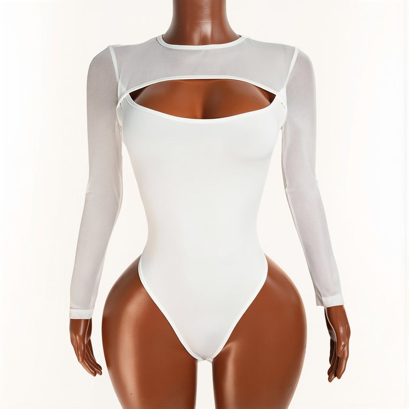 Mesh Patchwork Long Sleeve Bodysuit for Women Stretchy Soft Fabric Black XS - Image 4