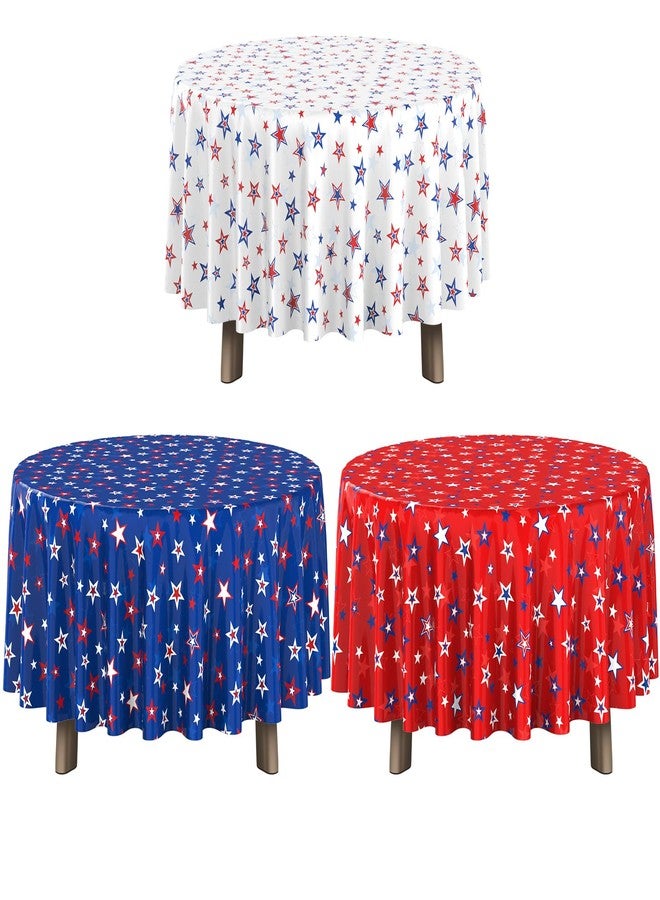 Jectivs 3 Pack 4th of July Memorial Day Tablecloth Decorations, Plastic Round American Red White Blue Stars Table Cloth Patriotic Disposable Table Cover for Independence Day Party Supplies, 54x108 Inch - Image 1
