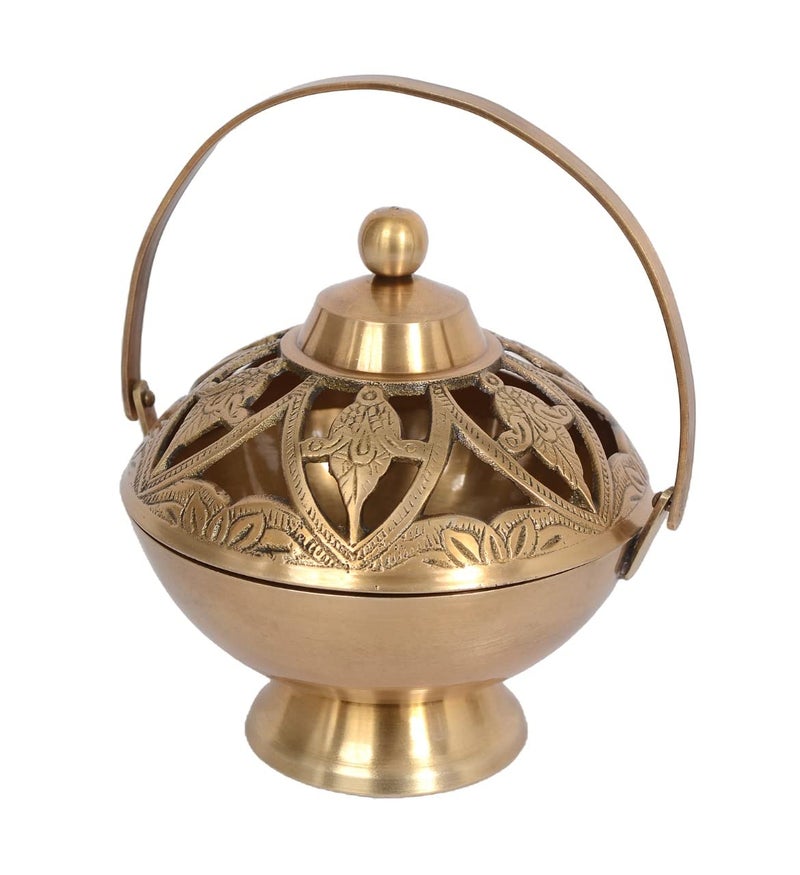 Skywalk Handcrafted Brass Loban Dhoop Dani with Handle Incense Dhoop Burner for Home Office Temple Prayer (Gold) - Image 1