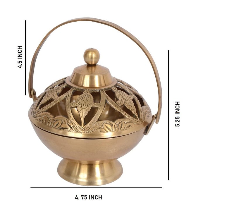 Skywalk Handcrafted Brass Loban Dhoop Dani with Handle Incense Dhoop Burner for Home Office Temple Prayer (Gold) - Image 2