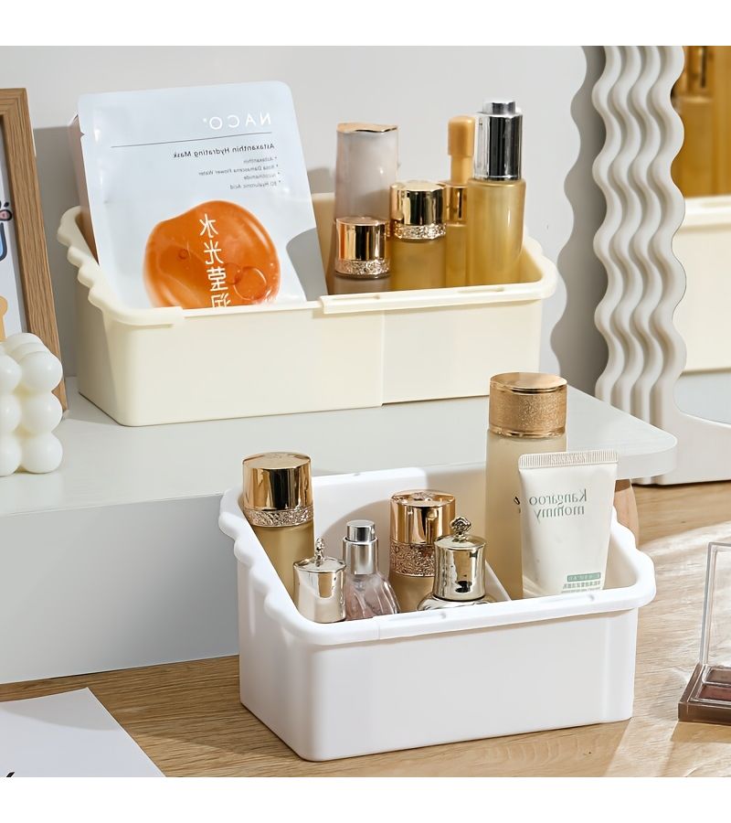 Cream Yellow Retractable Mirror Cabinet Storage Box With Adjustable Cosmetic Organizer - Image 2