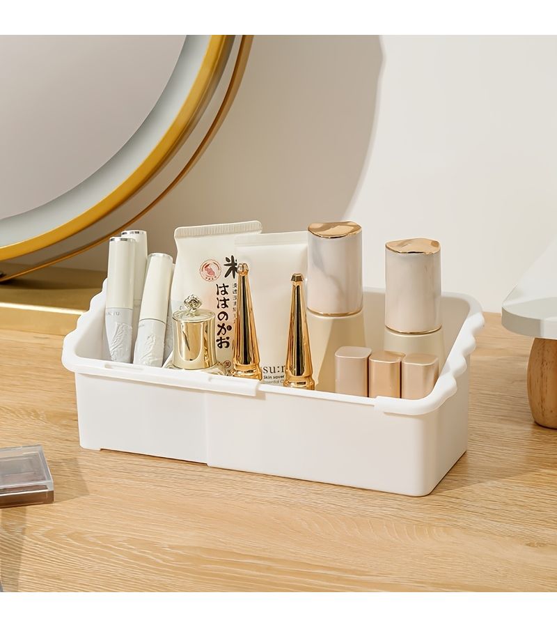Cream Yellow Retractable Mirror Cabinet Storage Box With Adjustable Cosmetic Organizer - Image 1