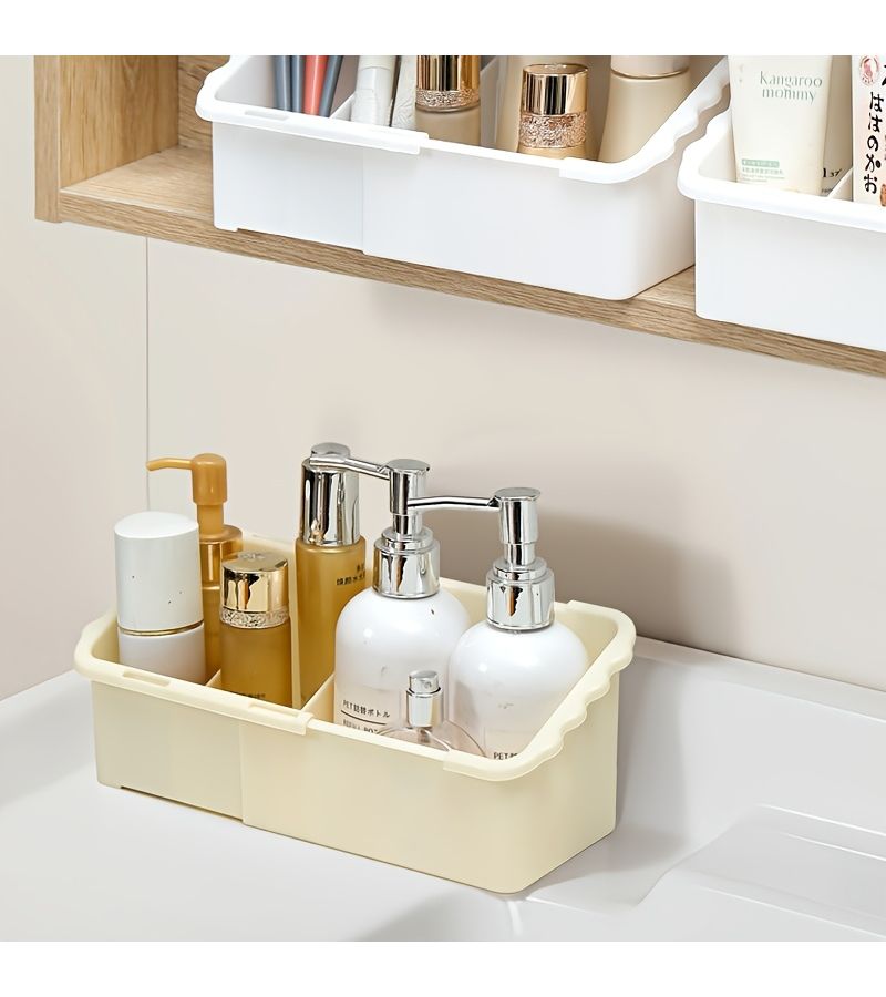 Cream Yellow Retractable Mirror Cabinet Storage Box With Adjustable Cosmetic Organizer - Image 3