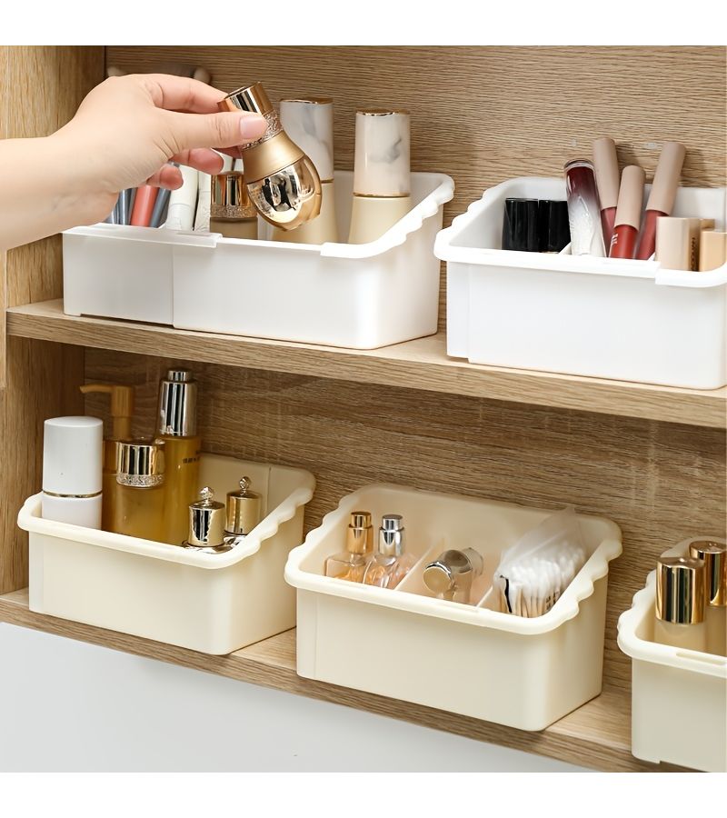 Cream Yellow Retractable Mirror Cabinet Storage Box With Adjustable Cosmetic Organizer - Image 5