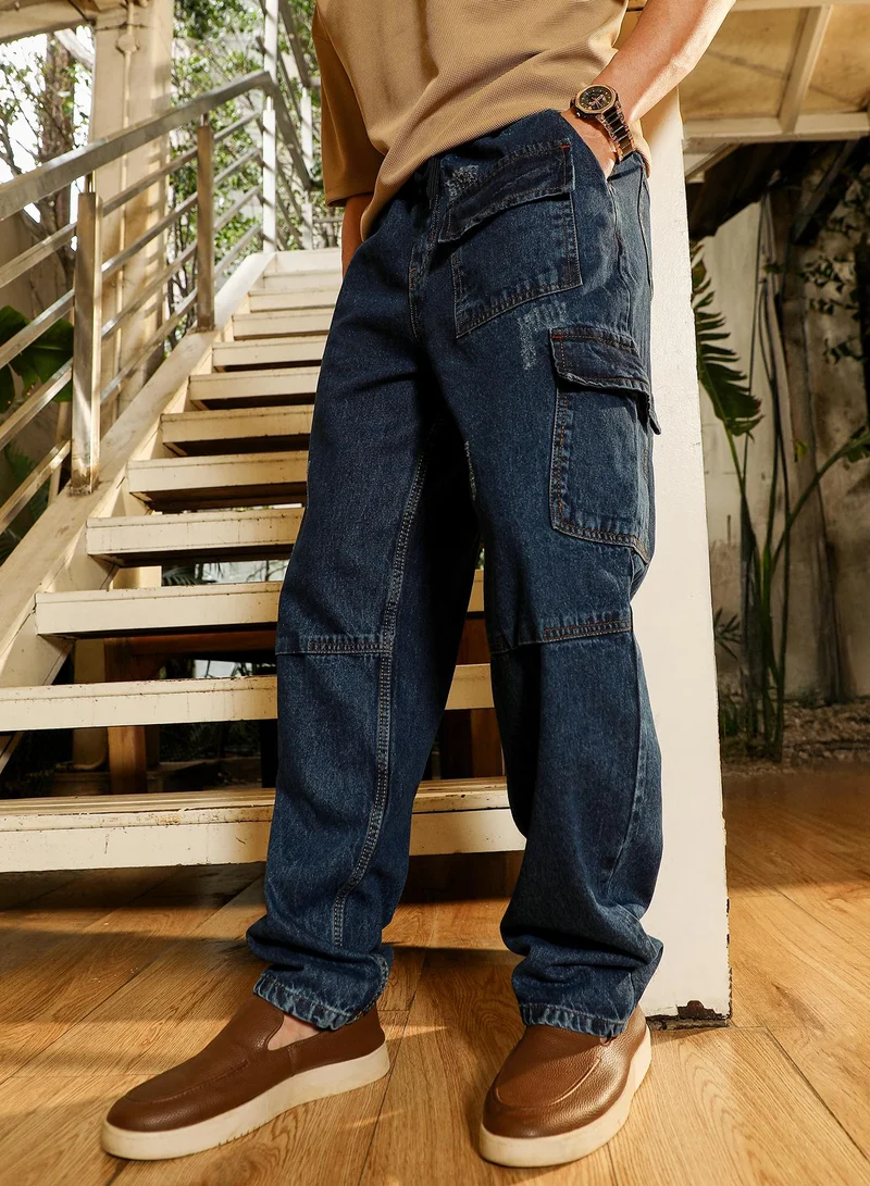 Campus Sutra Campus Sutra Men's Navy Blue Dark-Wash Utility Denim Jeans | Mid-Rise , Straight Hem , Drawstring Closure | Solid Denim | Denim Denim Jeans For Casual Wear