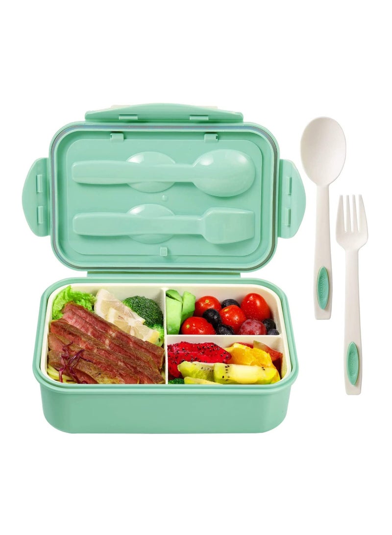 3 Compartments Bento Boxes,1400 ML Leak Proof Bento Lunch Box with Spoon Fork and BPA Free,Microwave and Dishwasher Safe（Green） - Image 1