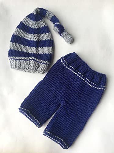 PINBO Newborn Baby Photography Prop Crochet Knitted Costume Striped Hat Pants Blue Gray - Image 2