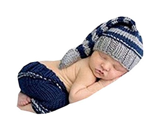 PINBO Newborn Baby Photography Prop Crochet Knitted Costume Striped Hat Pants Blue Gray - Image 5