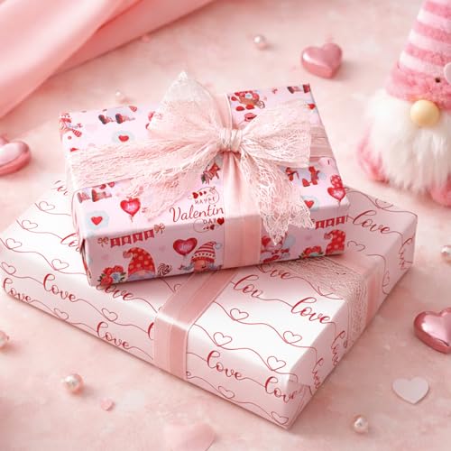 Yarcony Valentines Wrapping Paper, Elegant Pink Gift Wrapping paper, Reversible Happy Gnomes and Love Gift Wrap for Valentine's Day, Anniversary, Birthday, Mother's day,Wedding(Mini Roll, 17 Inch X 33 Feet) - Image 4