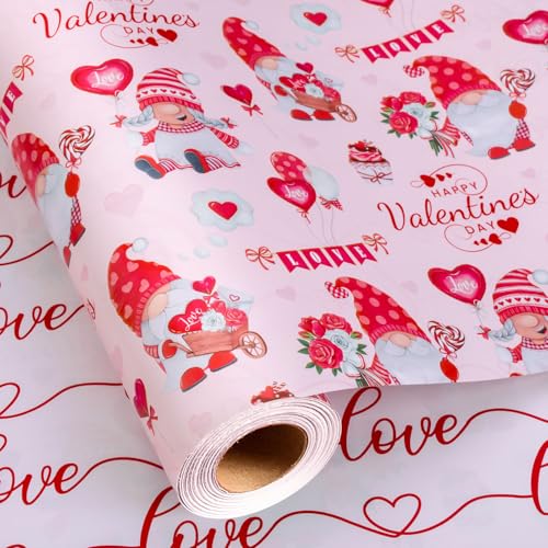 Yarcony Valentines Wrapping Paper, Elegant Pink Gift Wrapping paper, Reversible Happy Gnomes and Love Gift Wrap for Valentine's Day, Anniversary, Birthday, Mother's day,Wedding(Mini Roll, 17 Inch X 33 Feet) - Image 1