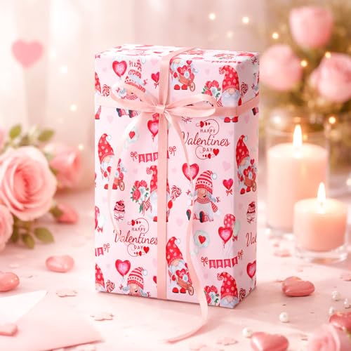 Yarcony Valentines Wrapping Paper, Elegant Pink Gift Wrapping paper, Reversible Happy Gnomes and Love Gift Wrap for Valentine's Day, Anniversary, Birthday, Mother's day,Wedding(Mini Roll, 17 Inch X 33 Feet) - Image 2