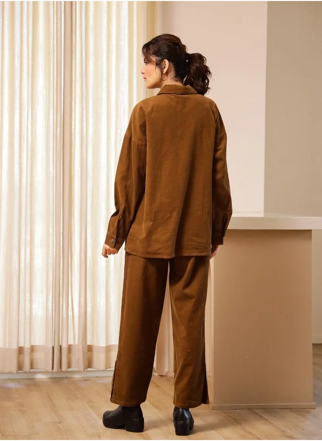 sanskrutihomes Corduroy Long Sleeves Relaxed Fit Shirt and Trousers Co-Ords