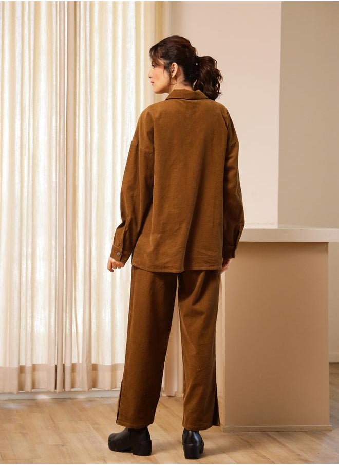 sanskrutihomes Corduroy Long Sleeves Relaxed Fit Shirt and Trousers Co-Ords  - Image 2
