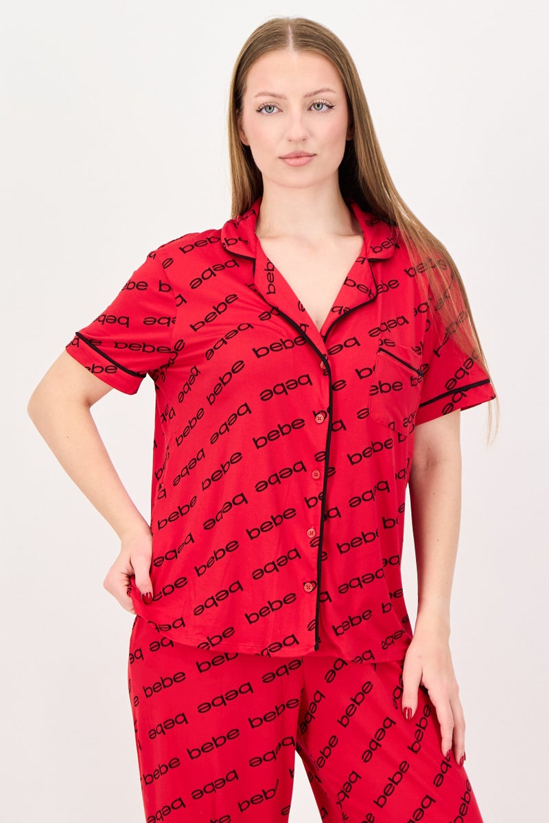 bebe Women 2 Pieces Sleepwear Pyjama Top and Pants Set, Red - Image 2