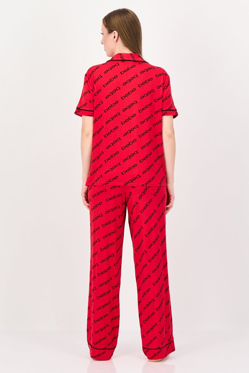 bebe Women 2 Pieces Sleepwear Pyjama Top and Pants Set, Red - Image 3