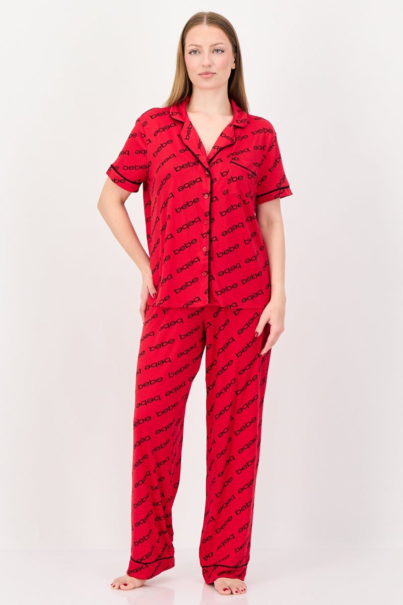 bebe Women 2 Pieces Sleepwear Pyjama Top and Pants Set, Red - Image 1
