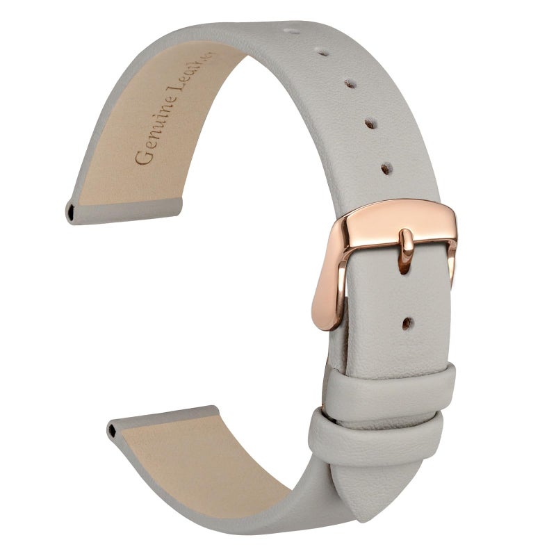 WOCCI 14mm Lug Width, Elegant Watch Band, Genuine Leather Replacement Strap with Rose Gold Buckle (Gray) - Image 1
