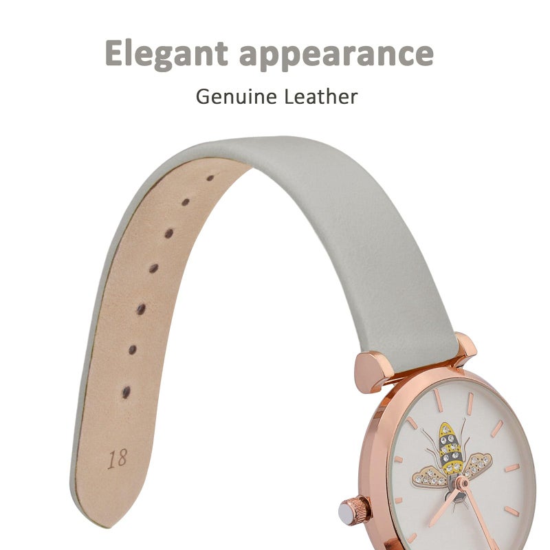WOCCI 14mm Lug Width, Elegant Watch Band, Genuine Leather Replacement Strap with Rose Gold Buckle (Gray) - Image 3