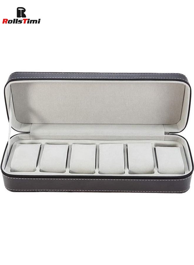 RollsTimi  6-Slot Watch Box in PU Leather Zipper Case,Black  - Image 1