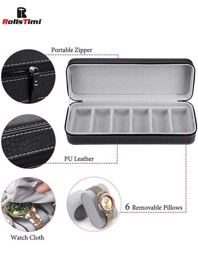 RollsTimi  6-Slot Watch Box in PU Leather Zipper Case,Black  - Image 5