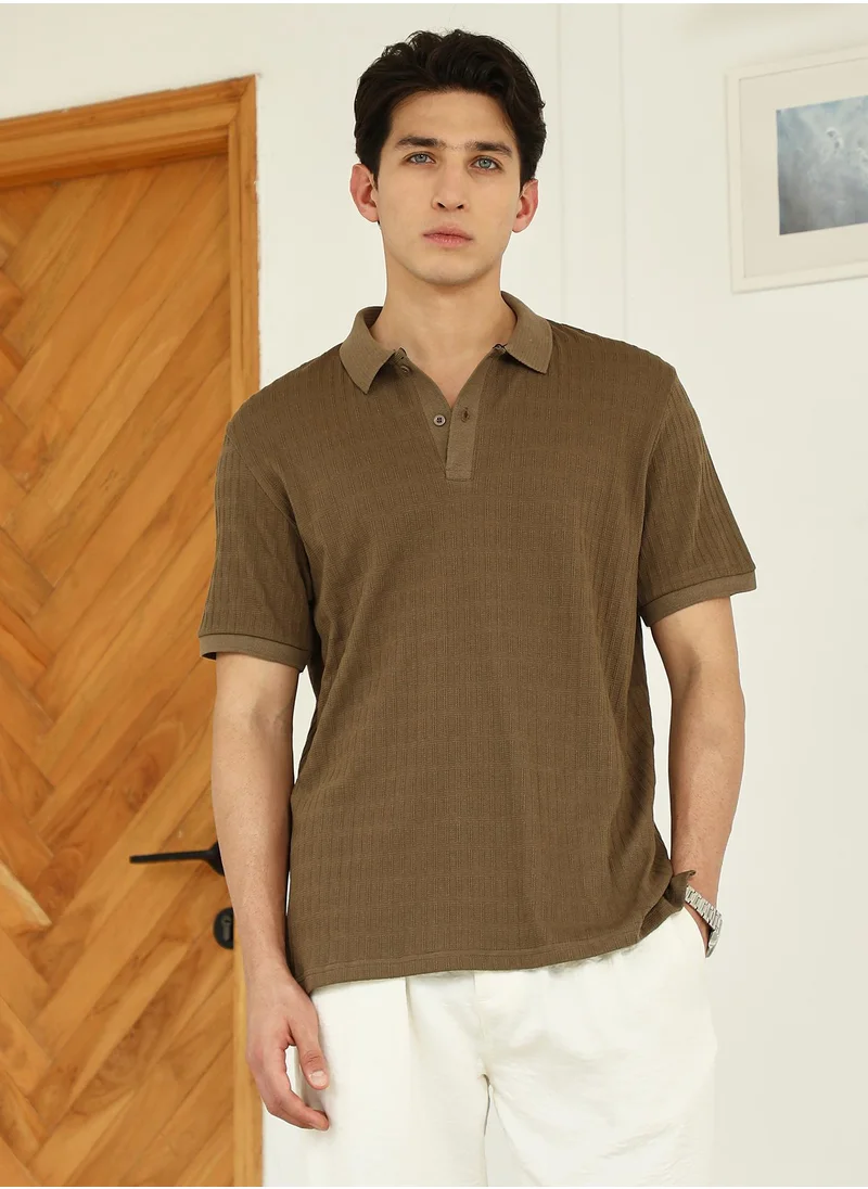 كامبوس سوترا Men's Brown Textured Polo T-shirt - Poly Spandex Blend