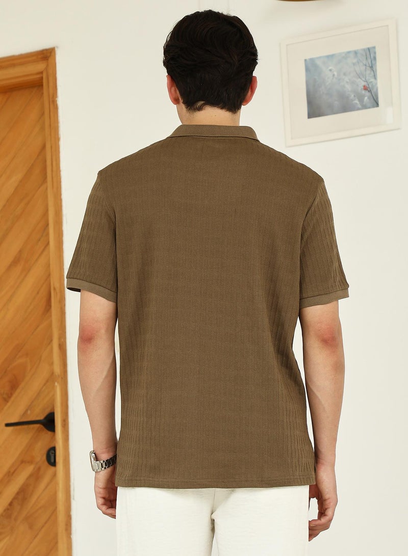Campus Sutra Men's Brown Textured Polo T-shirt - Poly Spandex Blend  - Image 5