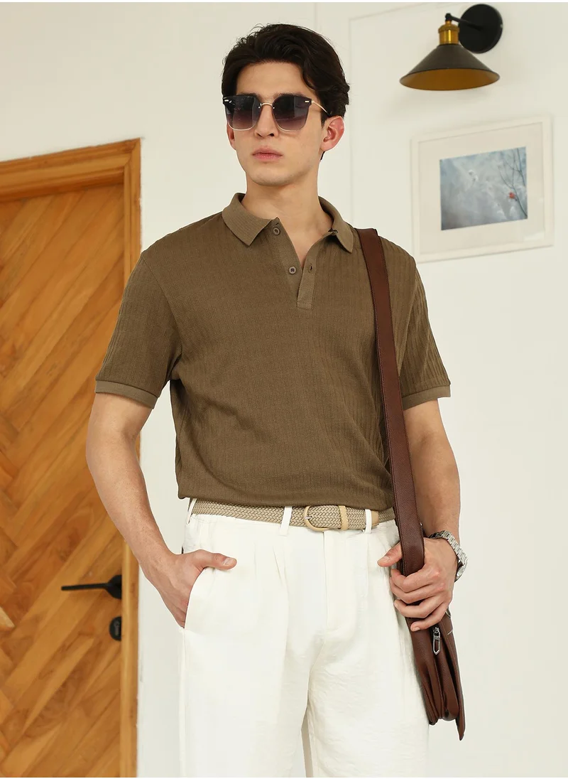 كامبوس سوترا Men's Brown Textured Polo T-shirt - Poly Spandex Blend