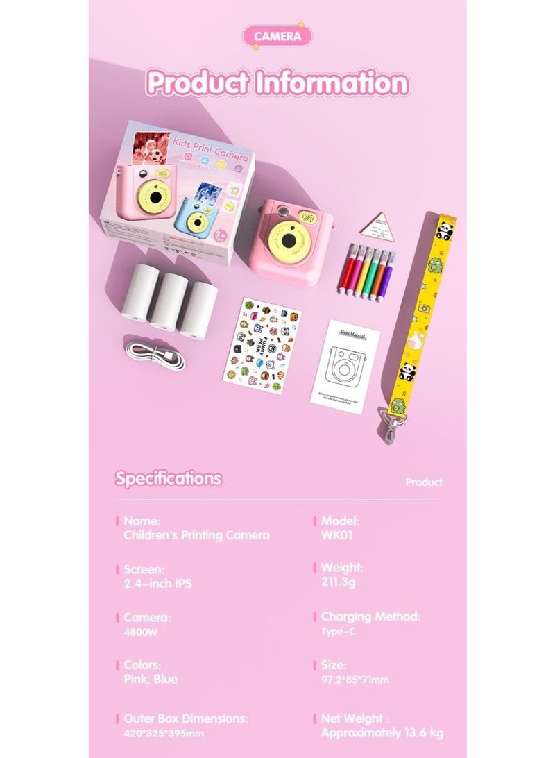 BlueFire Kids Instant Print Camera – 1080P HD Dual Lens, Instant Photo & Video Printer with 3 Paper Rolls, 32GB SD Card & DIY Stickers – Perfect Creative Gift for Boys & Girls Ages 4–12 (Pink) - Image 2