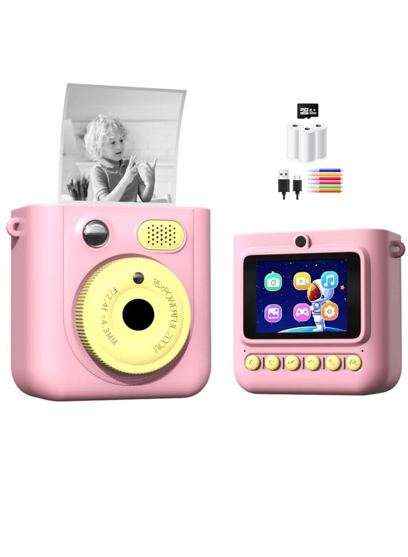 BlueFire Kids Instant Print Camera – 1080P HD Dual Lens, Instant Photo & Video Printer with 3 Paper Rolls, 32GB SD Card & DIY Stickers – Perfect Creative Gift for Boys & Girls Ages 4–12 (Pink) - Image 1