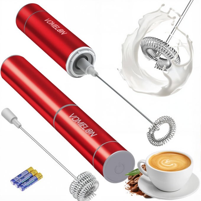MILK FROTHER HANDHELD BATTERY OPERATED COFFEE FOAMER DRINK MIXER WITH 2 STAINLESS STEEL ELECTRIC WHISKS FOR COFFEE LATTE CAPPUCCINO HOT CHOCOLATE PROTEIN BATTERIES INCLUDED RUBY RED