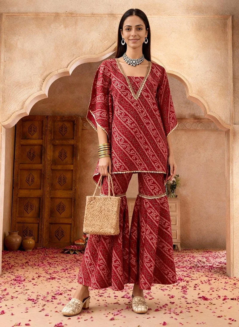 globus Globus Women Red Bandhani Ethnic Gold Foil Print V-Neck Kimono Sleeves Lace Detail Kaftan Tunic & Sharara Festive Co-Ord Set