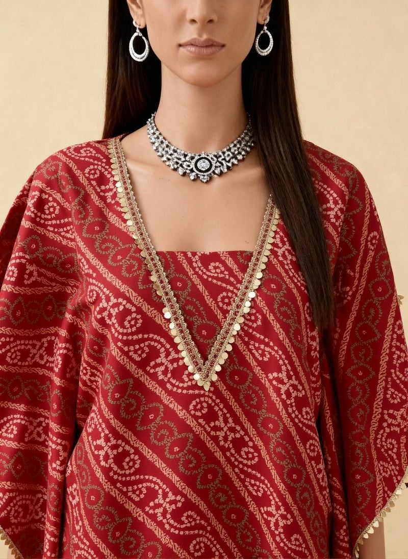 Globus Women Red Bandhani Ethnic Gold Foil Print V-Neck Kimono Sleeves Lace Detail Kaftan Tunic & Sharara Festive Co-Ord Set - Image 5