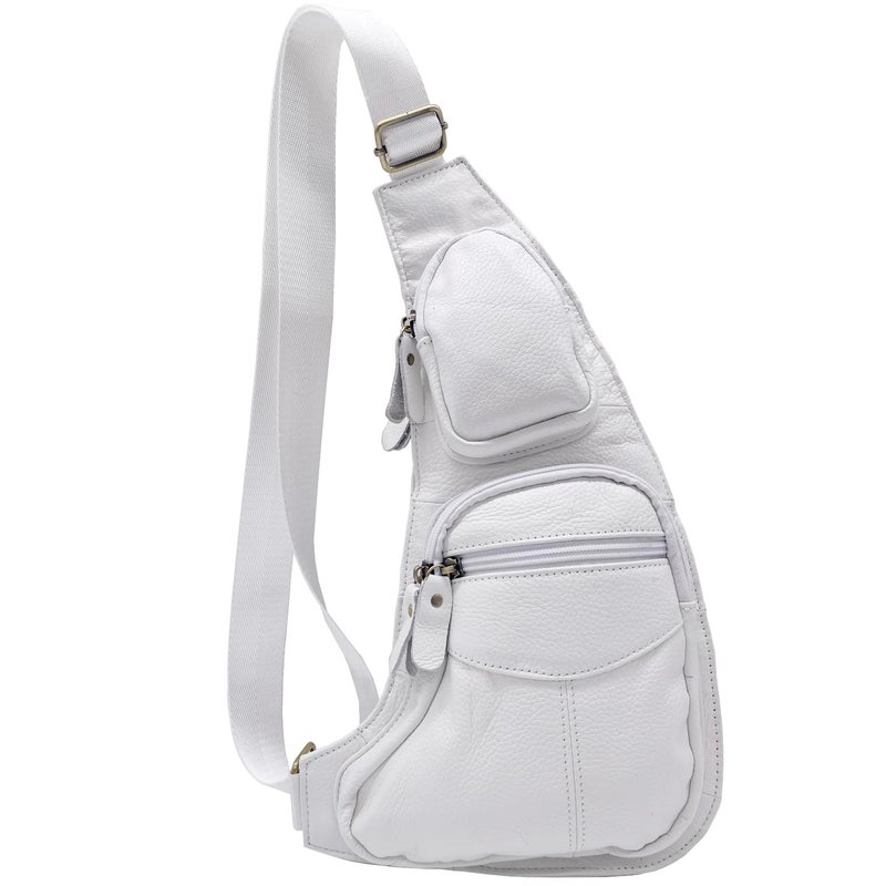 Hebetag Small Leather Sling Bag Casual Crossbody Daypack for Men Women Outdoor Travel Camping Hiking Fishing Shoulder Chest Pack White - Image 2