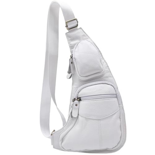 Hebetag Small Leather Sling Bag Casual Crossbody Daypack for Men Women Outdoor Travel Camping Hiking Fishing Shoulder Chest Pack White - Image 1