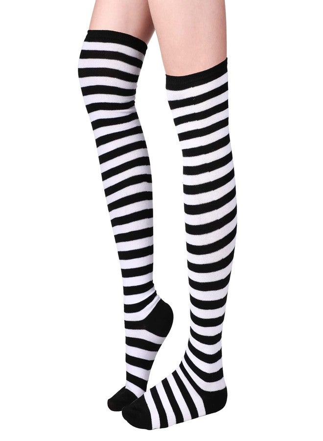 Geyoga Women's High Striped Tights Socks Over Knee Striped Long Stockings Halloween Christmas(Black-white) - Image 1