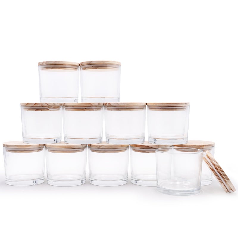 SHOWIN 12 OZ Thick Candle Jars for Making Candles 12 Pcs, Empty Jars with Wood Lids for Spice Jars, Sample Container, Clear - Image 1