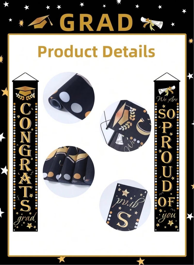 Graduation Decoration – Set of Two Banners in Black and Gold Featuring the Phrases "We Are Proud of You" and "Congrats", Perfect for Hanging on Doors, Room Decor, and Entrances to Add a Special Touch to Your Graduation Party  - Image 5