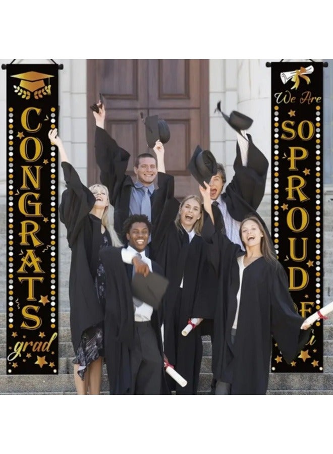 Graduation Decoration – Set of Two Banners in Black and Gold Featuring the Phrases "We Are Proud of You" and "Congrats", Perfect for Hanging on Doors, Room Decor, and Entrances to Add a Special Touch to Your Graduation Party  - Image 1