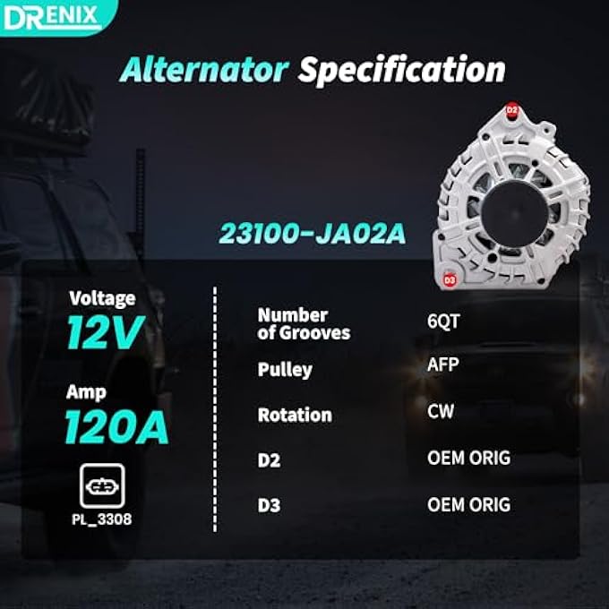 DRENIX Upgraded High Output Alternator 23100-JA02A For/Nissan Altima Rouge Sentra Rogue Select 2.5L L4 12V 110Amp CW 6-Groove Pulley 23100-JA02B, 23100-JA02C, 23100-JA04A, 23100-JA04C - Image 3