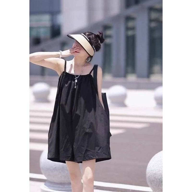 French Style Elegant Black Strap Jumpsuit Women'S 2025 Fashion Loose Casual Slimming Wide Leg Shorts - Image 2