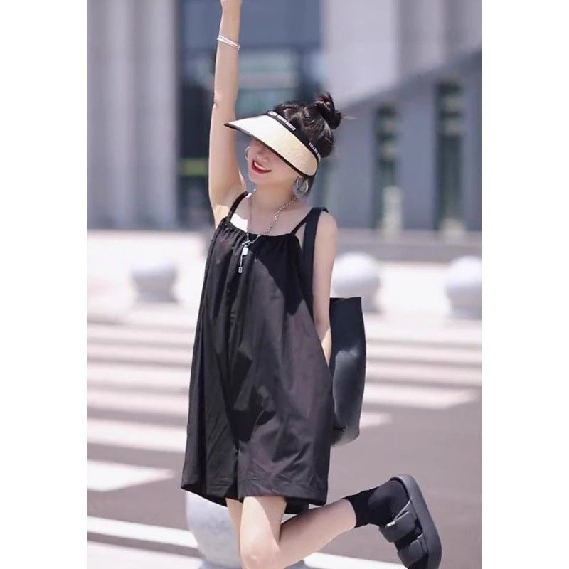 French Style Elegant Black Strap Jumpsuit Women'S 2025 Fashion Loose Casual Slimming Wide Leg Shorts - Image 3