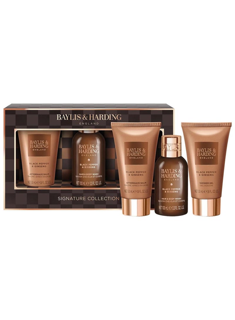 Baylis & Harding Black Pepper and Ginseng Mini Trio Toiletries Luxury Gift Set for Mens | Vegan Friendly, Body Wash, Shower Gel and Shampoo | Travel Size Grooming Kit - Image 1