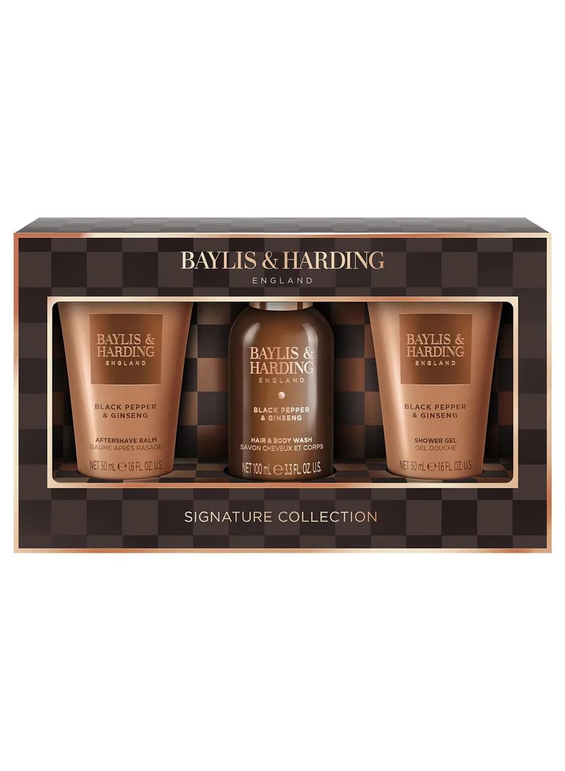 بايليس & هاردينج مجموعة هدايا فاخرة للرجال من الفلفل الأسود والجينسنغ | نباتية، غسول للجسم، جل استحمام، وشامبو | مجموعة عناية شخصية بحجم مناسب للسفر
